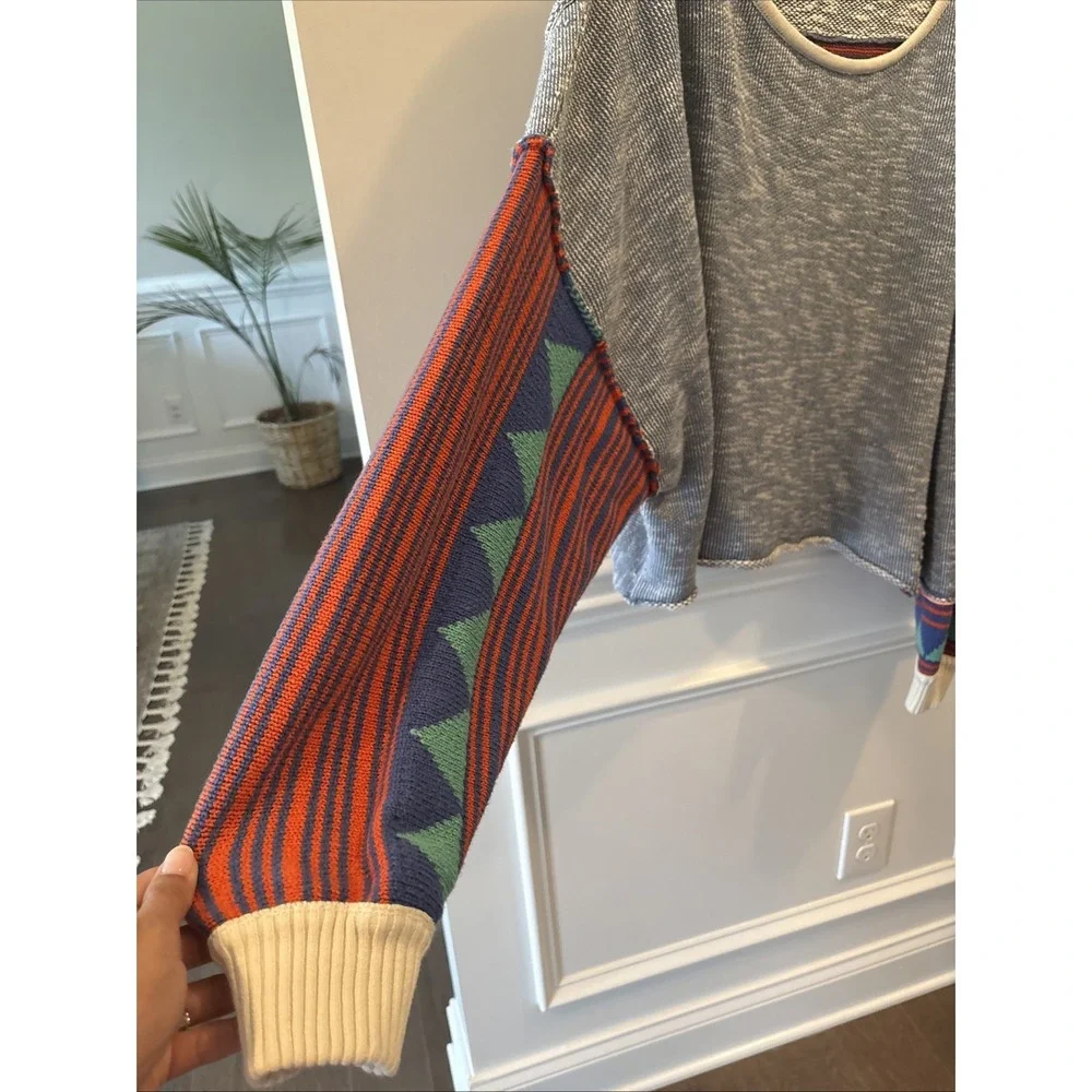 Free People Blue Medium, Bohemian, Oversized, Patchwork Sweater